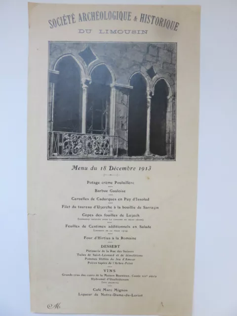 Menu de la Société Archéologique et Historique du Limousin de 1913.