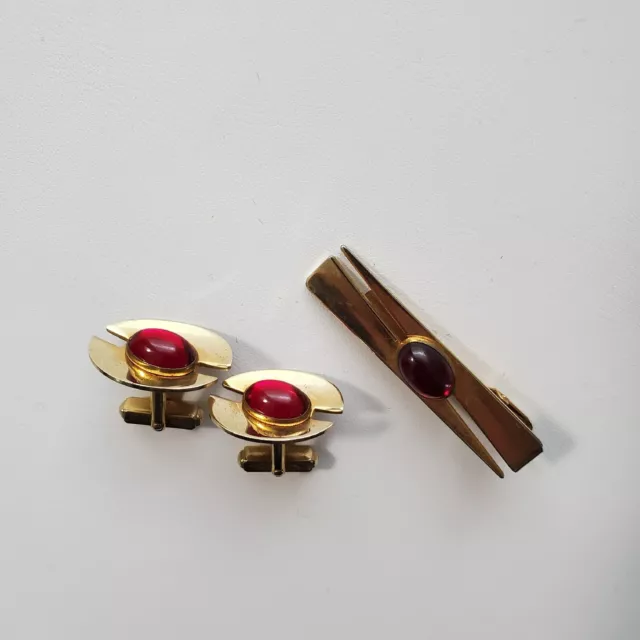 Vintage Anson Red Glass Cabochon Cufflinks And Tie Bar Set