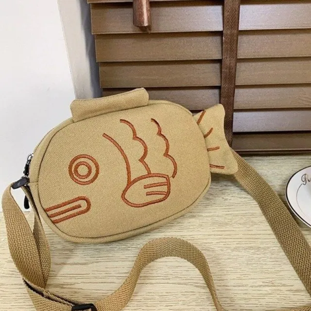 Cute Canvas Messenger Bag Embroidery Fish Shape Zippered Small Purses Handbags 2