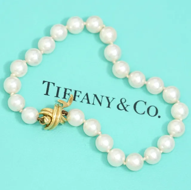 Tiffany & Co. Signature X Pearl Bracelet 6.7" 18k Yellow Gold 750 Auth w/Box