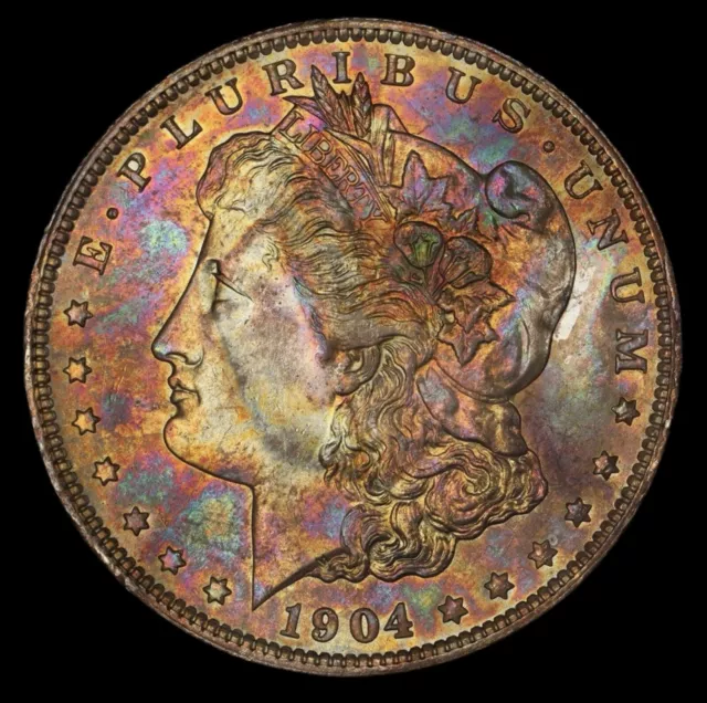 Monster Rainbow Toned 1904-O $1 Morgan Silver Dollar MS65 • PCGS Gold Shield