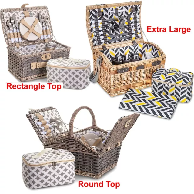 LIVIVO 4 PERSON TRADITIONAL PICNIC WICKER HAMPER WILLOW BASKET w COOLER BAG