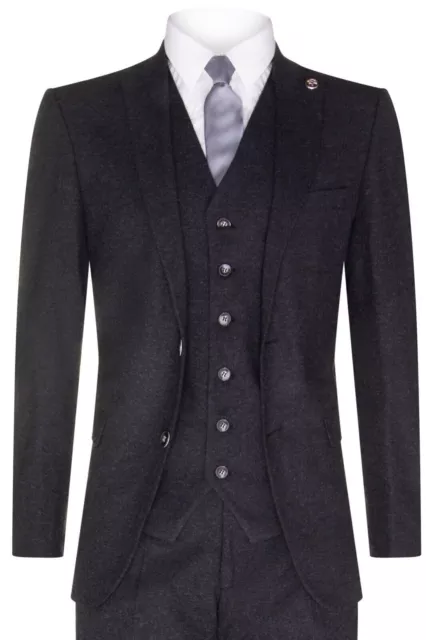 Mens Black 3 Piece Tweed Wool Retro 1920s Suit Peaky Blinders Classic Tailored