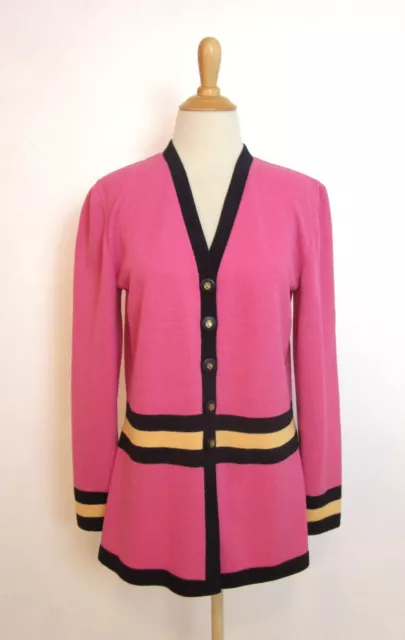 St. John Collection Marie Gray Pink Striped Cardigan Sweater M Santana Knit