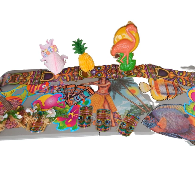LOT 38 Piece Carboard Tiki Aloha Party Decorations Beach Bar Great Condition