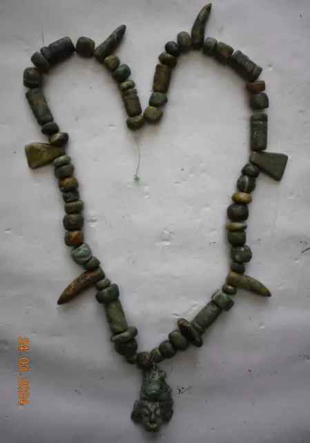 Wow!! Mayan Jade Necklace, Precolumbian Restrung Beads, 2 Heads, 18"