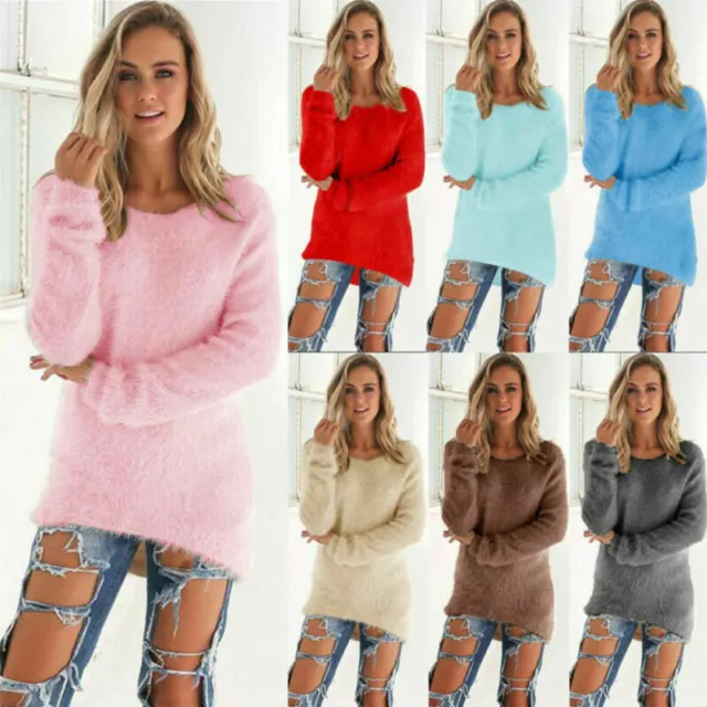 Womens Winter Warm Sweater Fluffy Plain Jumper Ladies Casual Long Pullover Tops