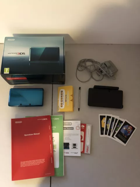 Nintendo 3DS Aqua Blue Handheld System - Boxed - All Manuals - Charger - SD Card