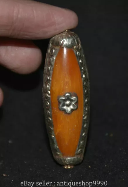 2" Old Tibetan Silver Inlaid Beeswax Flower Sculpture Pendant Amulet