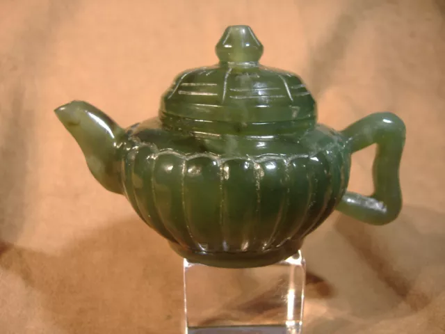 Vintage Carved Miniature Geen Jade Teapot Green 4 1/4" Long -2 1/2" High