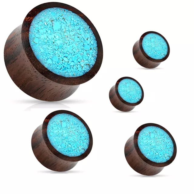 Pair Crushed Turquoise Stone Set In Organic Wood Saddle Ear Plugs Fr 2G ~ 1"