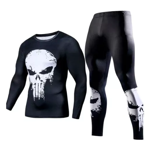 SUPERHERO Uomo BJJ MMA Rash Guard Allenamento Compressione Pantaloni Set Rashguard