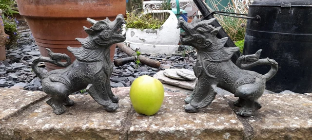 Pair of Antique/Vintage Asian Bronze Fengshui Lions Fu Foo Dogs Dragons Statues