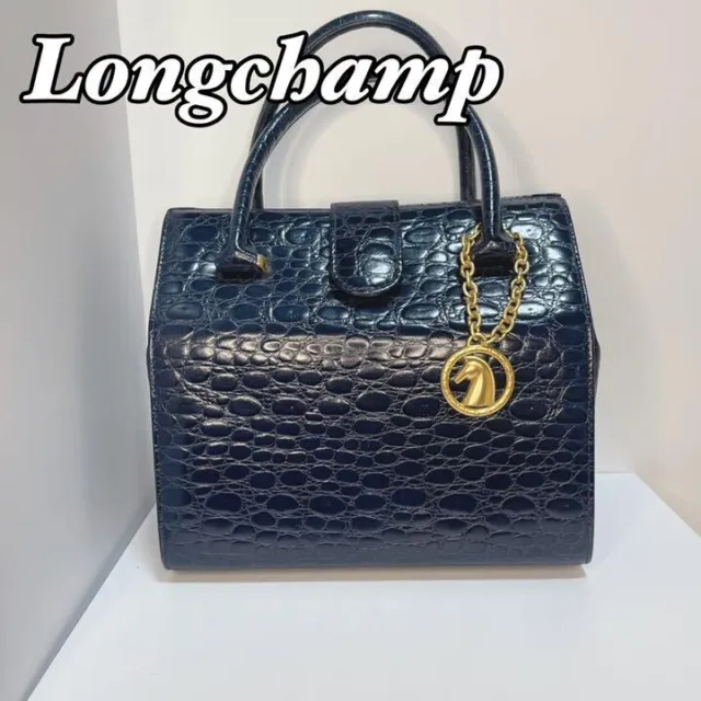 Authentic Longchamp Leather Croc Embossed Navy Handbag Tote Bag with charm