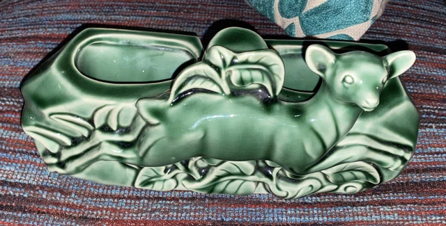 1950s Vintage Ceramic Green Deer leaping TV Lamp Planter MCM