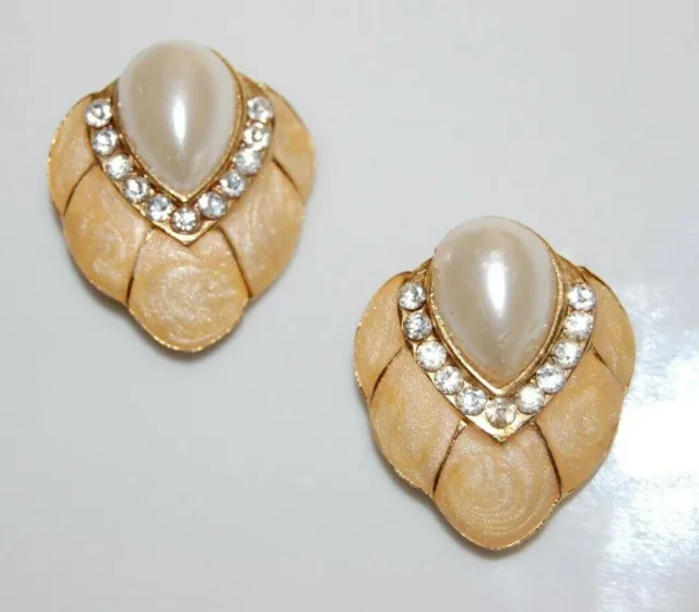 Vtg 80'S Couture Cream Beige Enamel Faux Pearl & Crystals Golden Clip Earrings