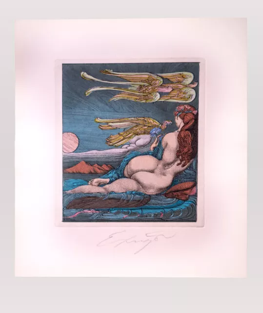 Ernst Fuchs - Bachnymphe, Radierung mit Farbaquatinta, handkoloriert