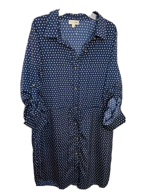 Maison Jules L Navy Blue & White Polka Dot Roll Tab Sleeve Dress NWOT $79