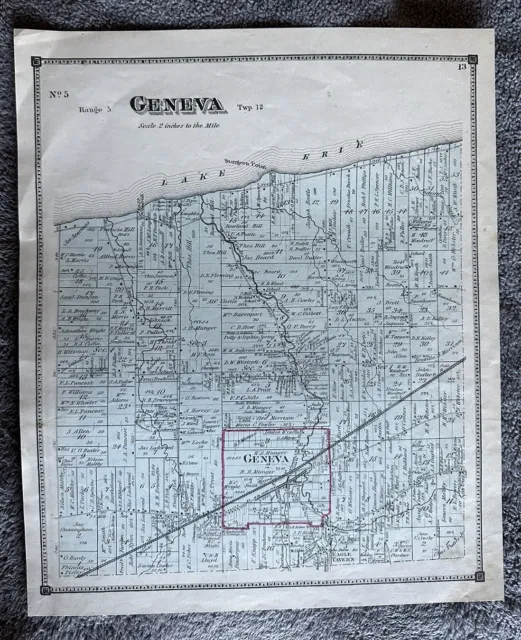 Geneva, Ohio, 1874 original colored map. Shows homeowners names.