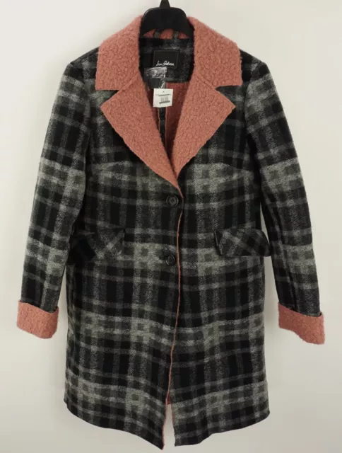 New 295$ Sam Edelman Women's L Wool Blend Gray Plaid Faux Shearling Pea Coat