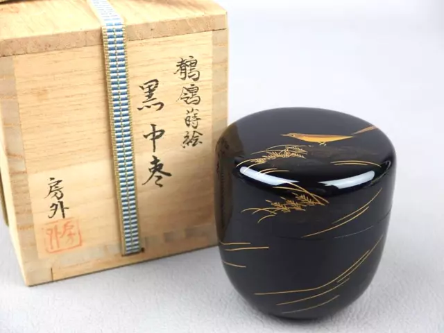 NATSUME Japanese Traditional Lacquer Wooden Tea Caddy Wagtail Makie by Bougai