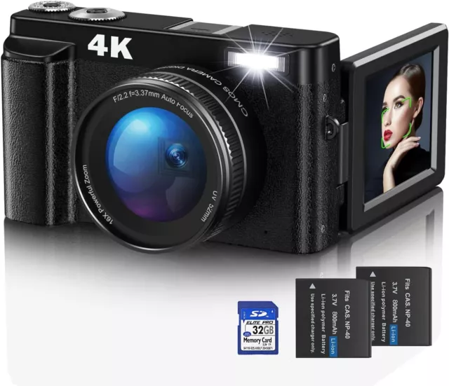 Cámara Digital,Cámara Fotográfica 4K UHD con Enfoque Automático con Tarjeta 32G