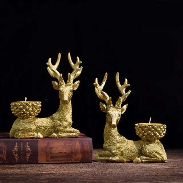 LF# 2 Pcs Rustic Christmas Stag Candle Holder Candle Holder Home Xmas Decor (Gol