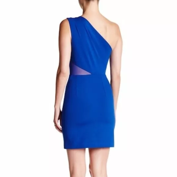 Halston Heritage Blue Mesh Inset One Shoulder Mini Dress Size M Bodycon New Year 2