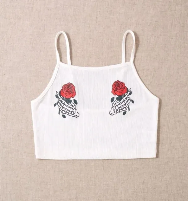 99p Start! Size 14-16 UK Off White Skeleton Rose Ribbed Crop Cami Top T-Shirt XL
