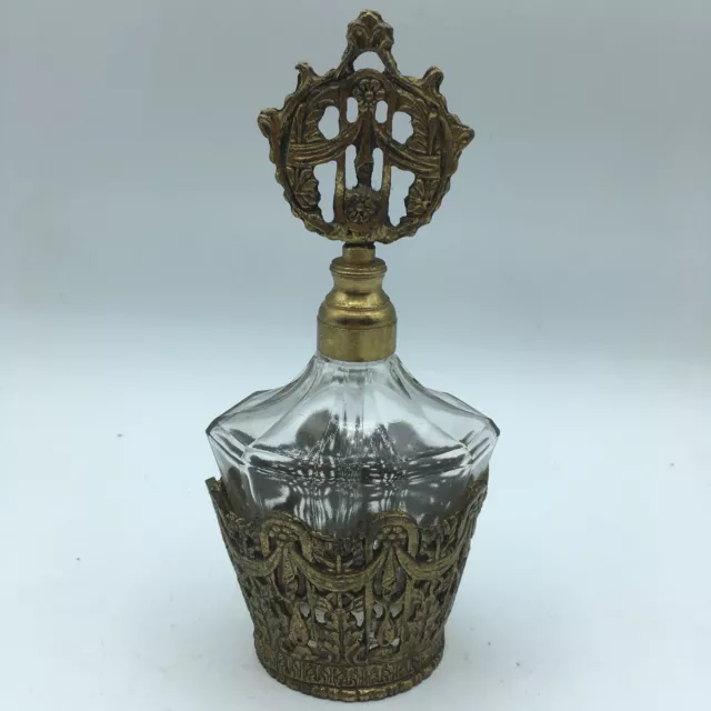 vtg Globe ormolu filigree perfume bottle w /dauber Glass 24kt Gold Plated 7”