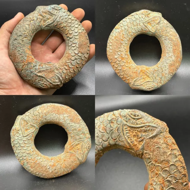 Unique Ancient Near Eastern Old Bronze Bangle Bracelet With 2 Snakes Terminal