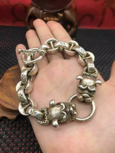 Asian chinese old miao silver hand cast dog statue bracelet jewel cool gift