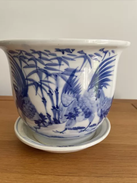 Vintage Chinese Porcelain Planter Jardiniere Blue & White Roosters & Saucer