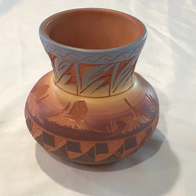 POTTERY VASE Native American Perfina Rockwell Mesa Verde  Etchware Orange 4.25”