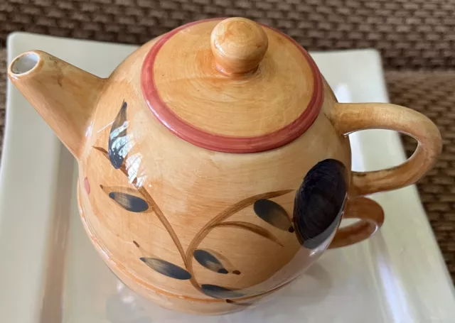 Hand Painted Ceramic Teapot and Cup for One -- Leaves of Green