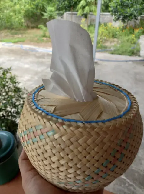 Bamboo Round Wickerwork Tissue Box. Handcrafted Bamboo Toilet Paper Box Cover.