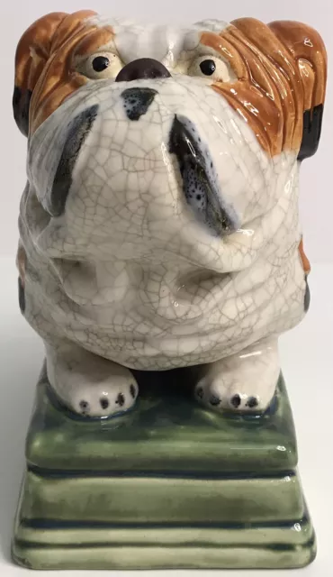 Vtg Majolica Ceramic Bulldog Dog Sitting Green Base 9” Tall Doorstop Statue (A)