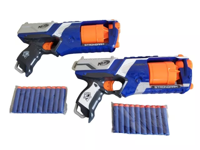 Lot de 2 Pistolets NERF N-STRIKE / STRONGARM Bleu & Blanc + 20 Fléchettes Neuves