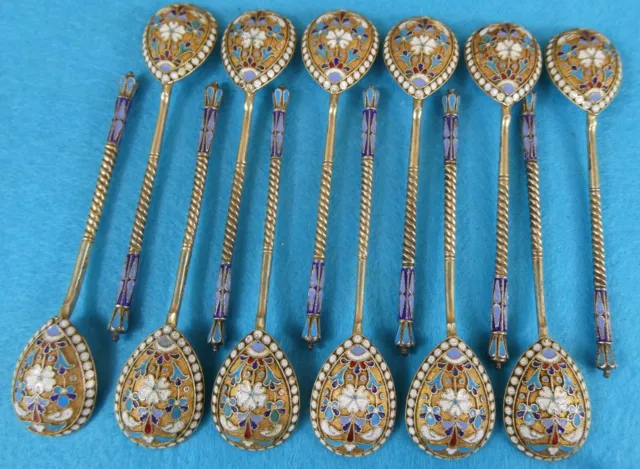 Superb Set 12 Russian Sterling Silver Gilt Spoons Cloisonne Enamel Moscow C 1896