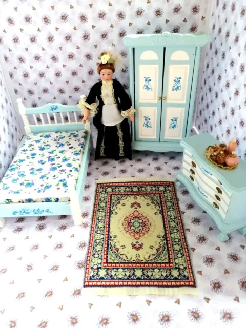 Dolls House Bedroom Furniture Lot With Doll, Rug, & Perfume Tray  1/12 Scale Vgc