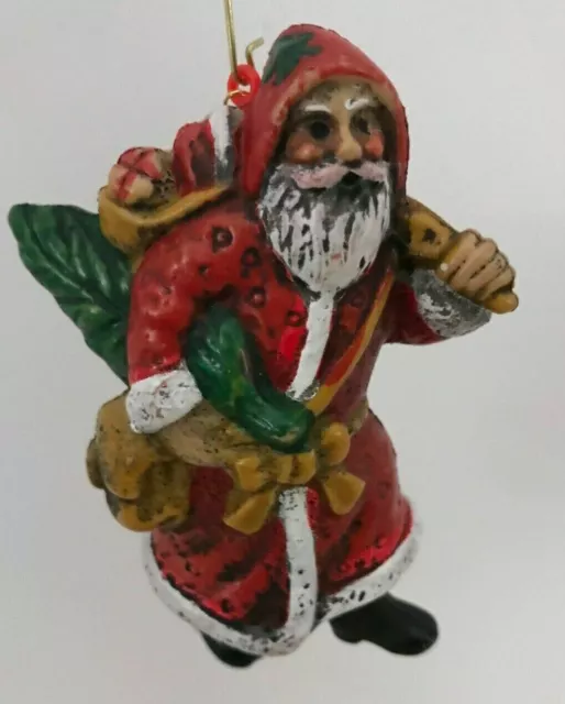 Vintage Old World Santa w/ Christmas Tree & Santa Bag Plastic Holiday Ornament