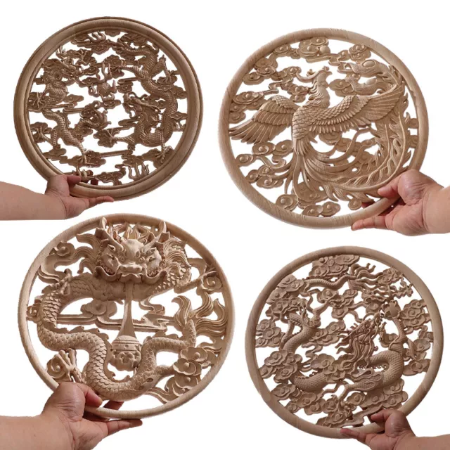 Round Wood Applique Moulding Onlay Unpainted Chinese Carving Furniture Decor