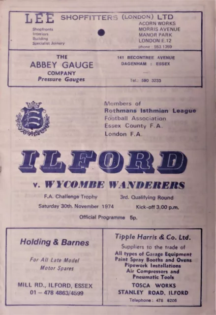 Ilford V Wycombe Wanderers 30/11/1974 Fa Trophy - 3Rd Qualifying Round