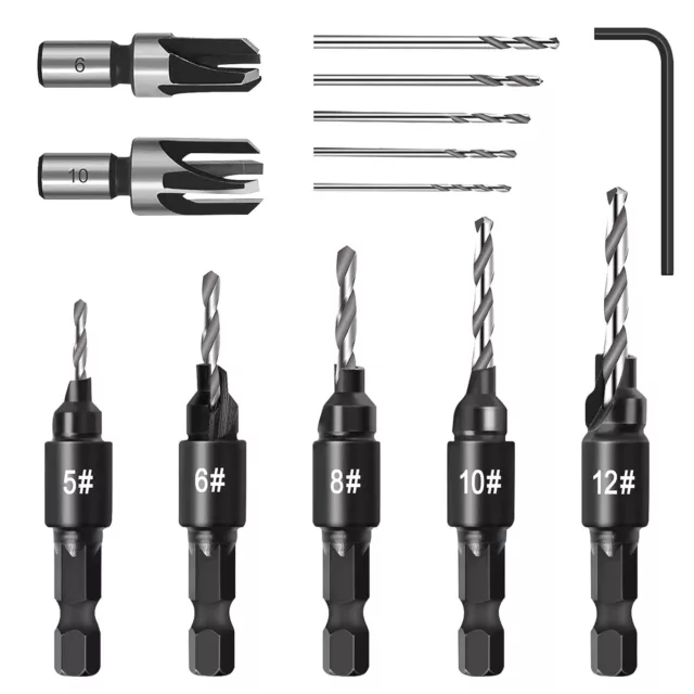 Countersink Drill Bit Set, 5 Pcs Woodworking Chamfered 1/4' Hex Shank Adjustabl