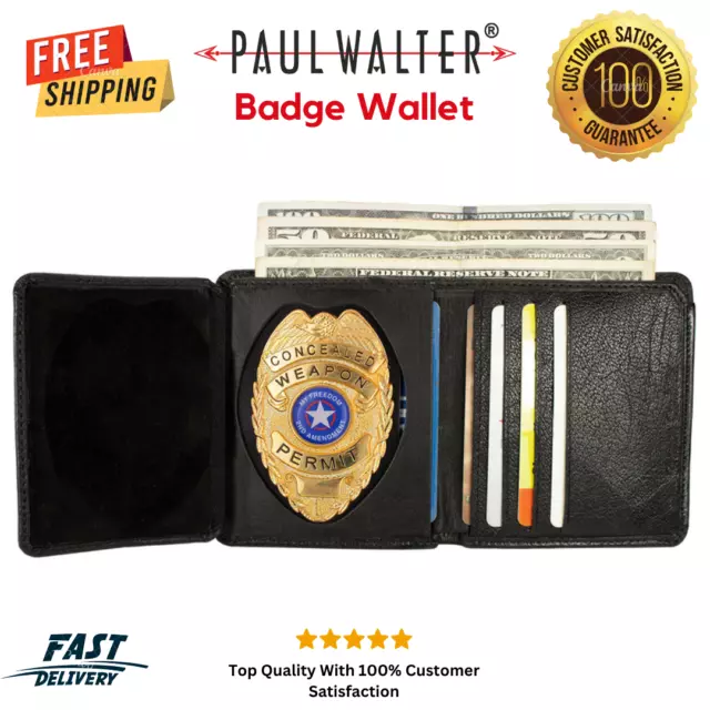 ASR Federal Black Leather Bifold Wallet Police Badge Holder with Removable  ID Card Holder, Oval