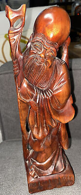 Antique Chinese Statue Wood Hand Carved Old Wise Man 12” Figurine