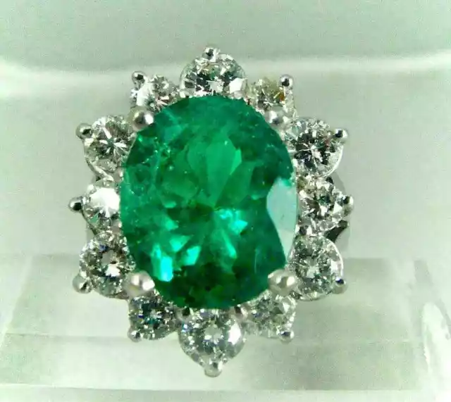 Fine Natural Colombian 7.10CT Emerald With Single Cut CZ Fine Simple Halo Ring