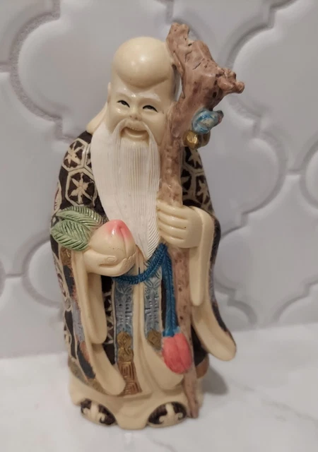 Vintage Carved Resin Asian Shou Lao Longevity Figure Statue *4.75" x 2.25"