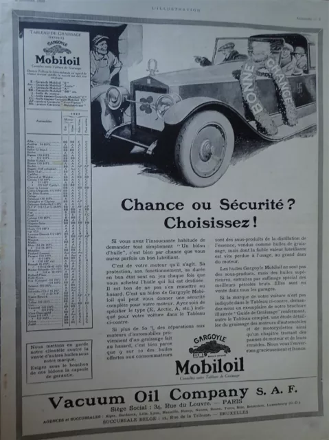 MOBILOIL huile + montre LONGINES + sac LANEZ publicité papier ILLUSTRATION 1923