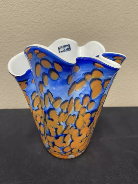 VTG Alicja Blue,Orange Multi 8” Tall Handkerchief Ruffled ArtGlass Vase Poland